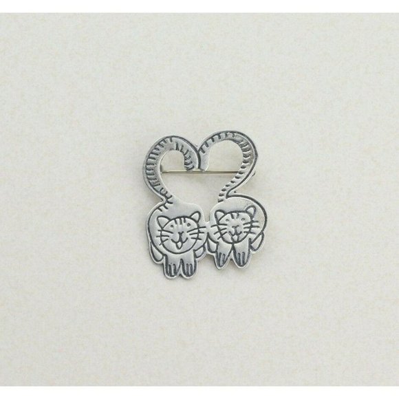 Vintage Sterling Silver Two Kitty Cat Pin Brooch - Picture 3 of 5